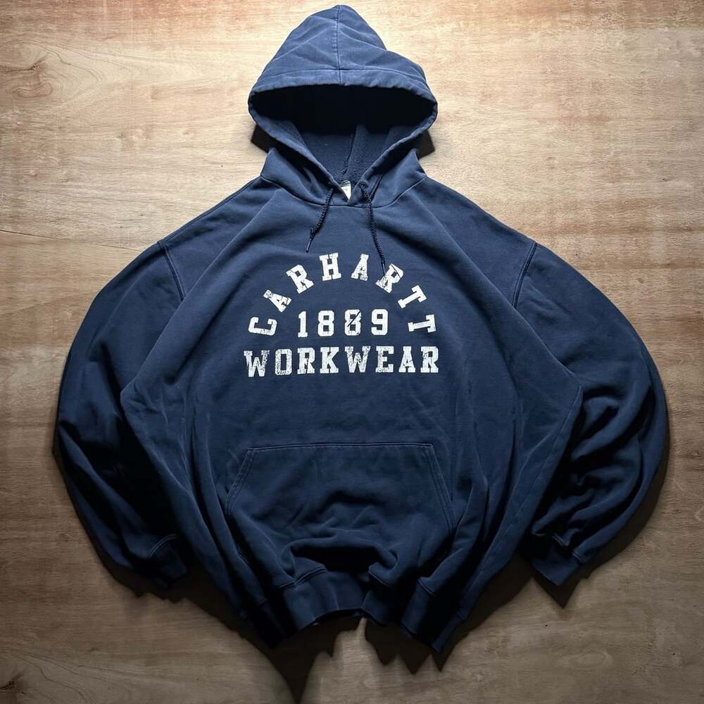 Vintage Carhartt 1889 Workwear Pullover Hoodie Size 2XL Navy Blue Streetwear